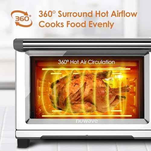 Nuwave Bravo Air Fryer Toaster Smart Oven, 12-in-1 Countertop Convection, 30-QT XL Capacity, 50°-500°F Temperature Controls, Top and Bottom Heater Adjustments 0%-100%, Brushed Stainless Steel Look