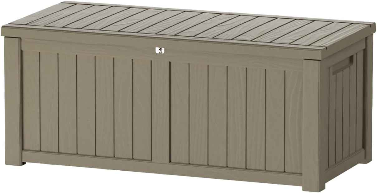 150 Gallon Outdoor Storage Box Patio Deck Box Waterproof, Resin Lockable Outside Large Storage Bin for Pool Cushion Furniture, Garden Tools UV-Resistant, Grey