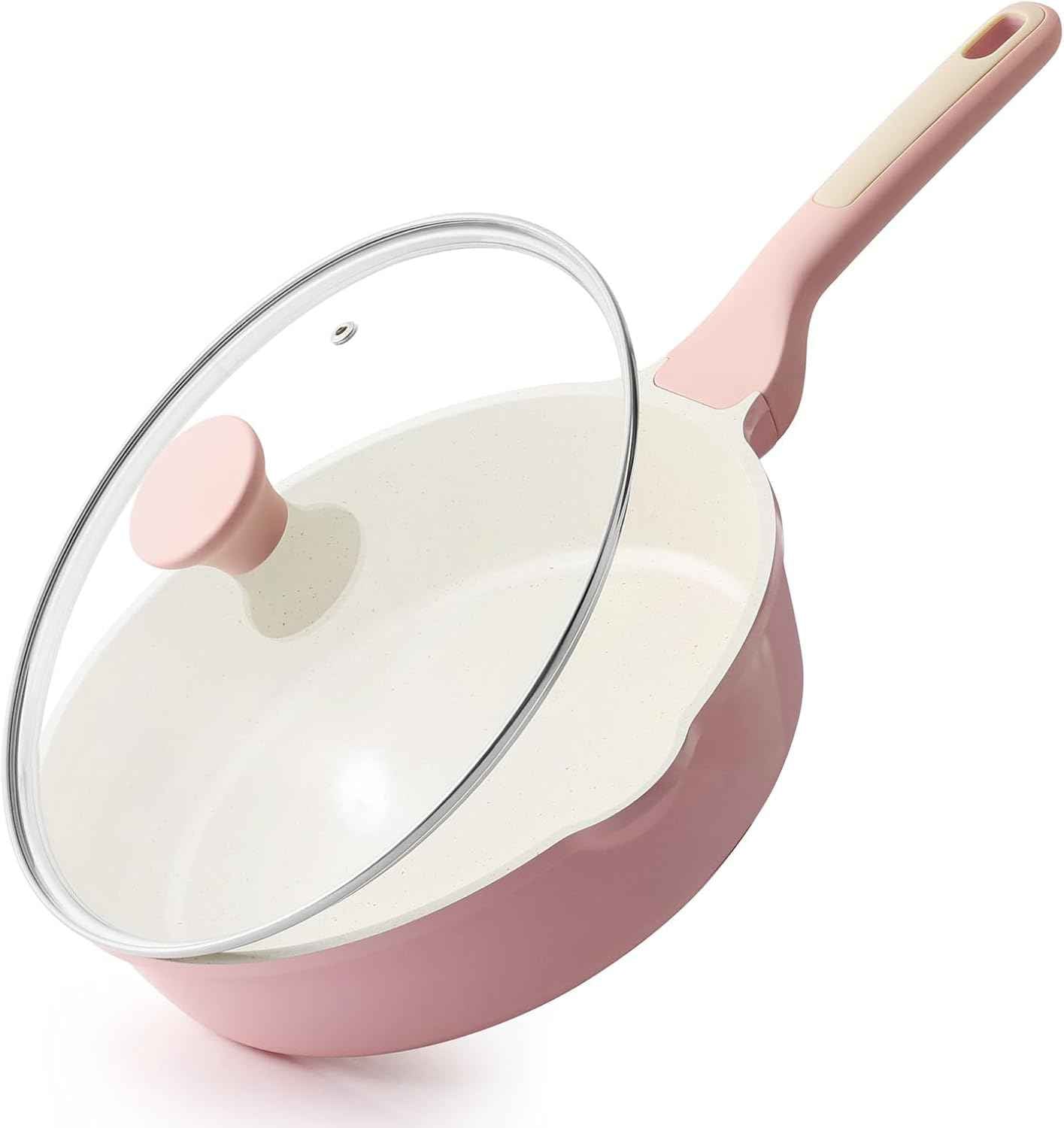 SENSARTE Nonstick Ceramic Skillet with Lid 10-inch, 3.5QT Non Toxic Deep Frying Pan, Saute Pan with Lid, Stay-cool Handle, Healthy Cooking Pot, Induction Compatible, Pink