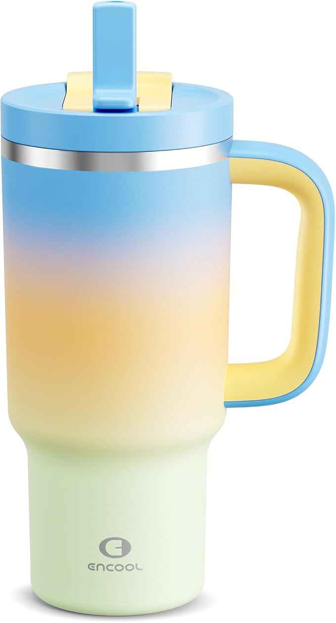 ENCOOL 32 oz Tumbler with Handle and Straw: Stainless Steel Insulated Tumbler Keeps Cold for 24 Hours, Leakproof Travel Cup Fits in Cup Holder and BPA-Free, Sunny Breeze