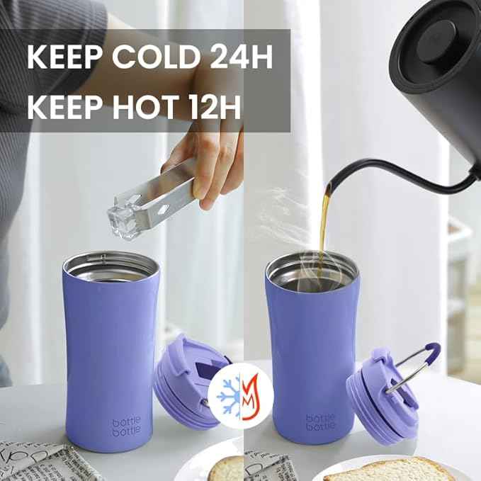 BOTTLE BOTTLE Coffee Tumbler with Dual-use Lid and Straw Double Walled Iced Travel Coffee Mug for Woman and Man 12 oz Stainless Steel Insulated Tumbler with Handle (purple)