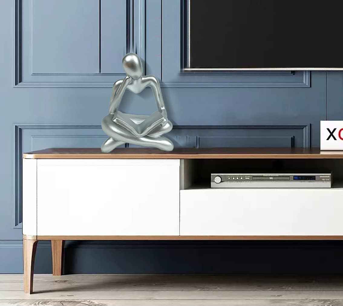 Thinker Statue - Silver Sculpture, Abstract Art, Women Figurine, Modern Decor Accents for Living Room, Office, Bookshelf