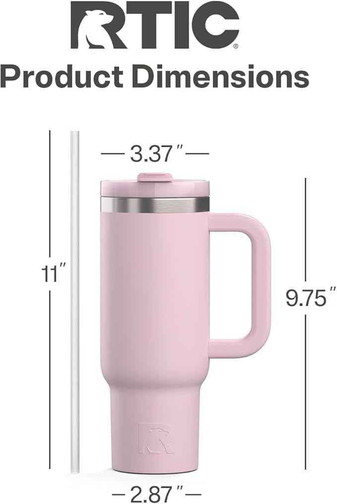 RTIC 30 oz Road Trip Tumbler Double-Walled Ceramic Lined InsulatedStainless Steel Portable Travel Coffee Mug Cup with Lid, Handle and Straw, Pale Pink