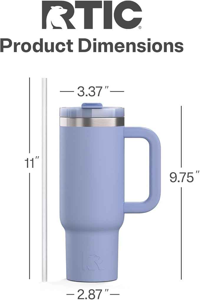 RTIC 30 oz Road Trip Tumbler Double-Walled Ceramic Lined InsulatedStainless Steel Portable Travel Coffee Mug Cup with Lid, Handle and Straw, Periwinkle
