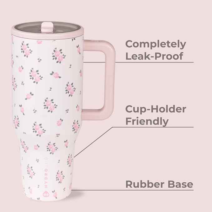 HydroJug Traveler - 32 oz Water Bottle with Handle & Flip Straw - Fits in Cup Holder, Leak Resistant Tumbler-Reusable Insulated Stainless Steel & Rubber Base - Gifts for Women & Men, Wildrose