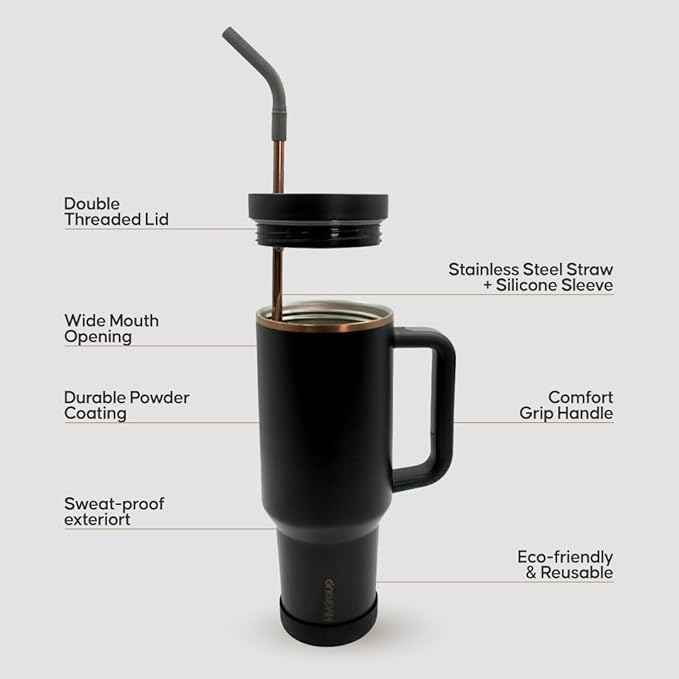 40oz Travel Tumbler Cup with Handle, Two-Way Slider Lid, Stainless Steel Straw with Silicone Tip, Vacuum Insulated Water Bottle for Hot & Cold Drinks, Great Gifts for Mom (Black Gold)