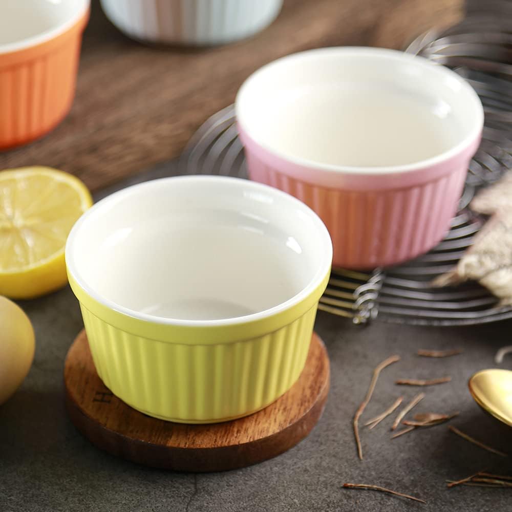 Ramekins 6oz Oven Safe,Creme Brulee Ramekin and Souffle Dishes,Porcelain Baking Bowls,Dipping Sauce Dish.Pudding Cups,Set of 6,Pink