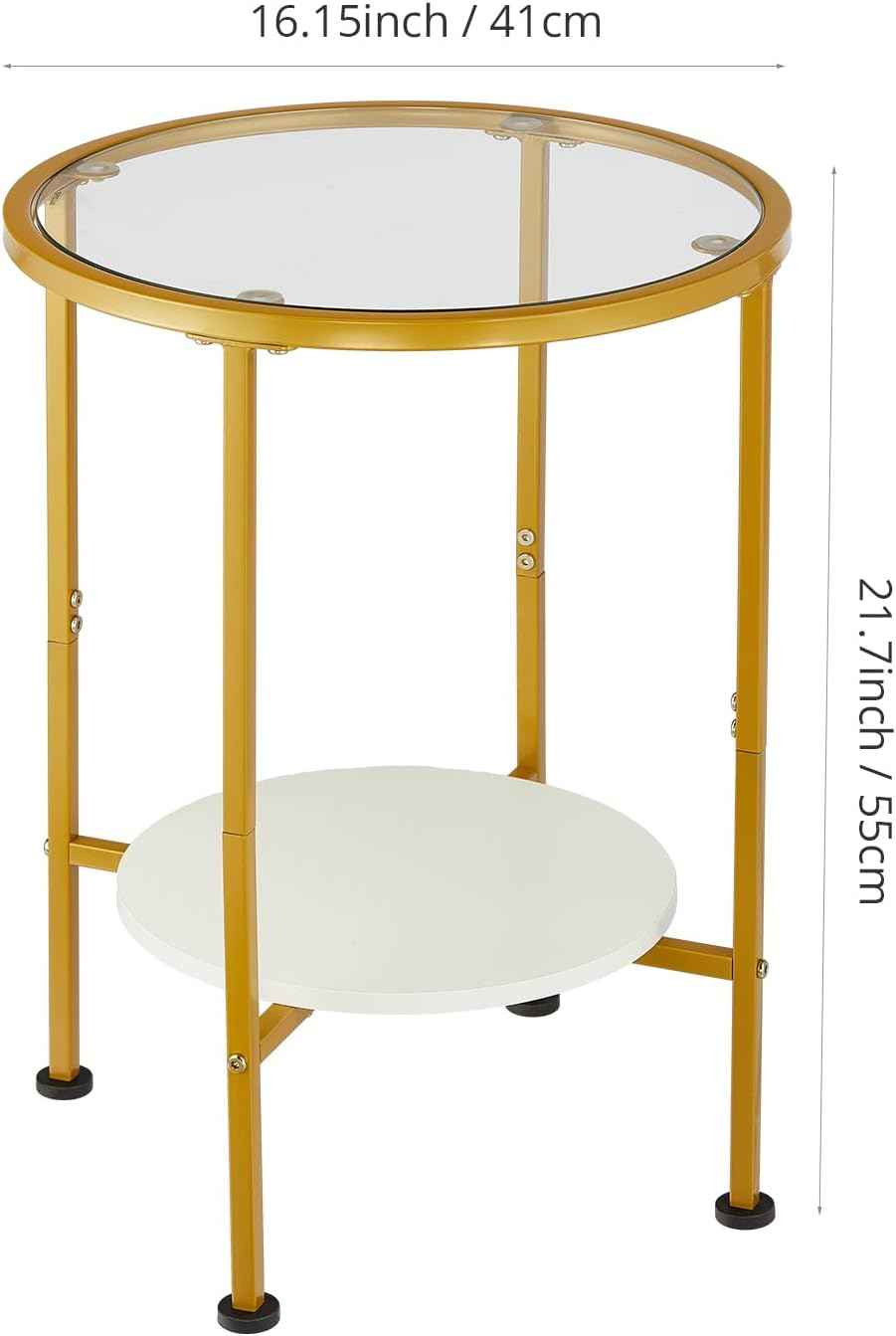 Round Gold Side Table, 2 Tier Tempered Glass Top End Table with White Storage Shelf for Living Room,Modern Small Nightstand for Bedroom,Metal Accent Bedside Table for Small Spaces