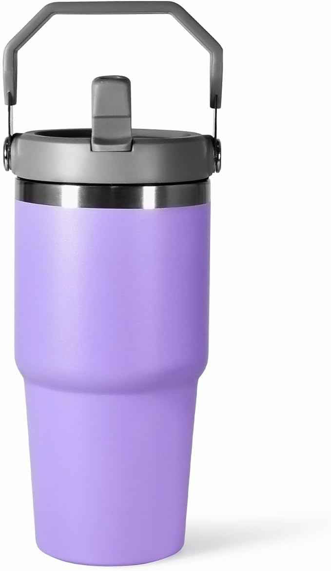 20 oz Tumbler with Handle, Insulated Tumbler with Lid and Flip Straw Leak Proof Double Wall Stainless Steel Vacuum Travel Coffee Mug Insulated Water Bottle Thermal Cup, Cupholder Friendly, Purple