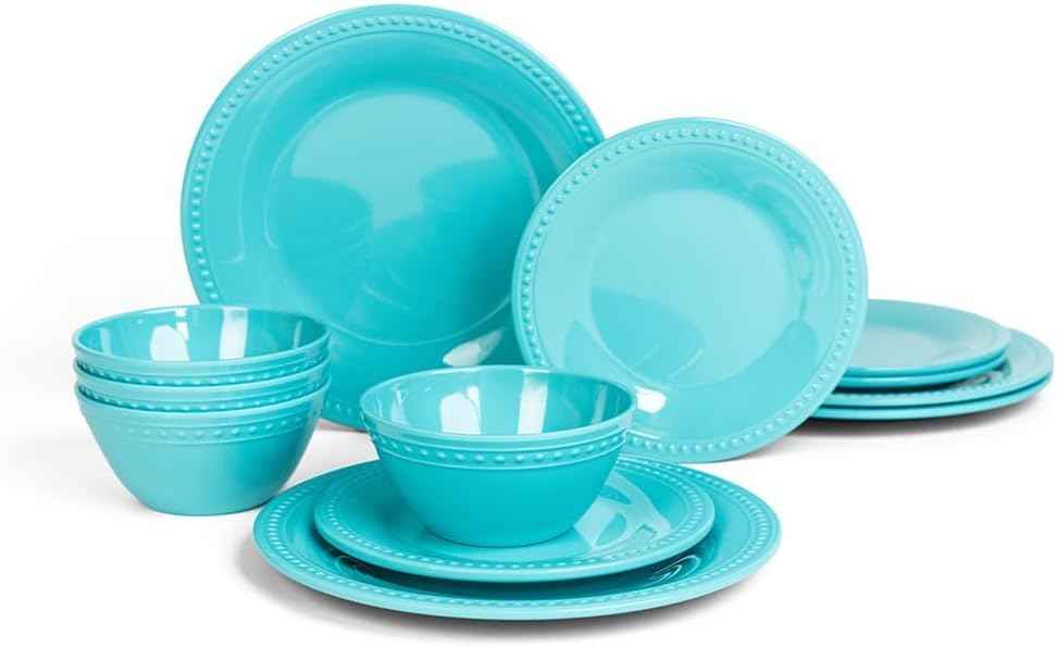 Aqua Beaded Melamine Plastic Dinnerware Sets,12 Pieces Dishes Set, Lightweight Unbreakable, BPA Free, Plates and bowls set, Perfect for Indoor Outdoor Weddings & Everyday Meals