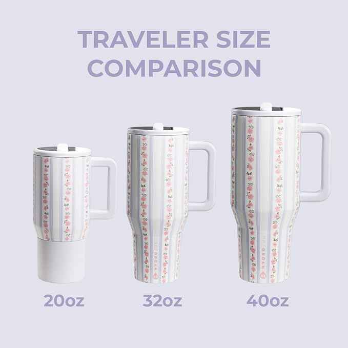 HydroJug Traveler - 40 oz Water Bottle with Handle & Flip Straw - Fits in Cup Holder, Leak Resistant Tumbler-Reusable Insulated Stainless Steel & Rubber Base - Gifts for Women & Men, Primrose