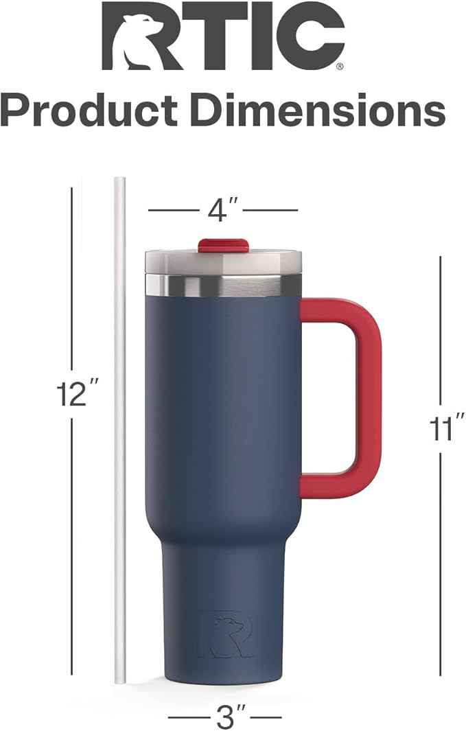 RTIC 40 oz Road Trip Tumbler Double-Walled Cermaic Lined Insulated Stainless Steel Portable Travel Coffee Mug Cup with Lid, Handle and Straw, Patriot
