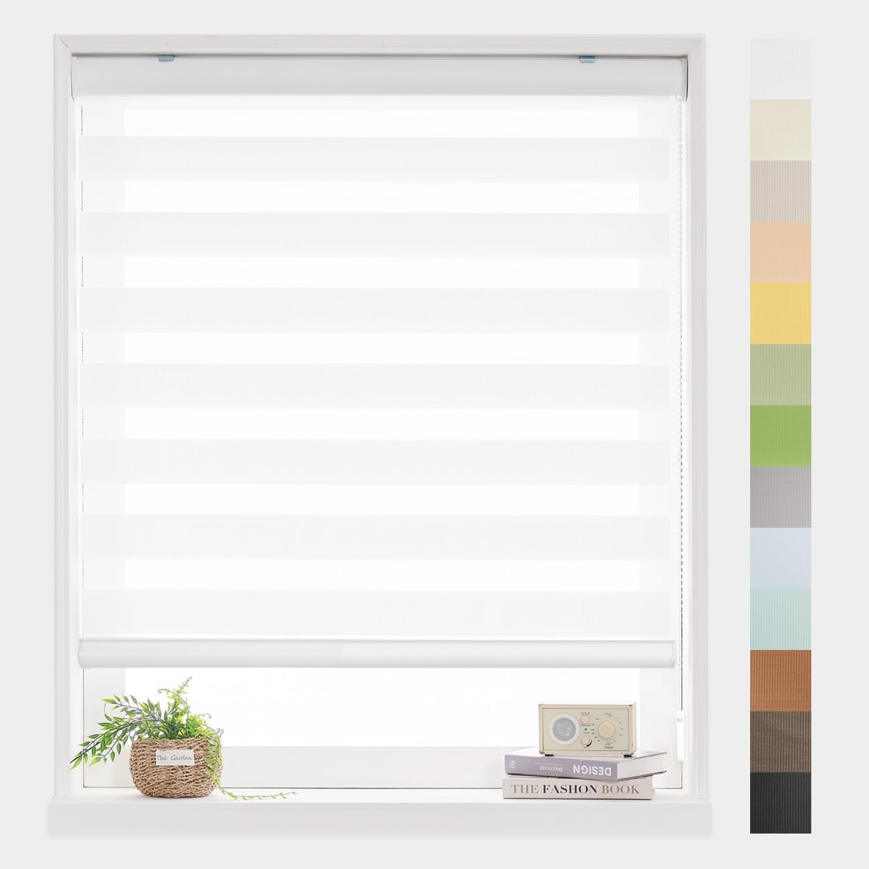 Foiresoft Standard Zebra Roller Blinds for Windows [W35 x H64 Inch, White, Basic], Light Filtering Dual Layer Shades for Bedroom, Living Room, Office, 13 Colors