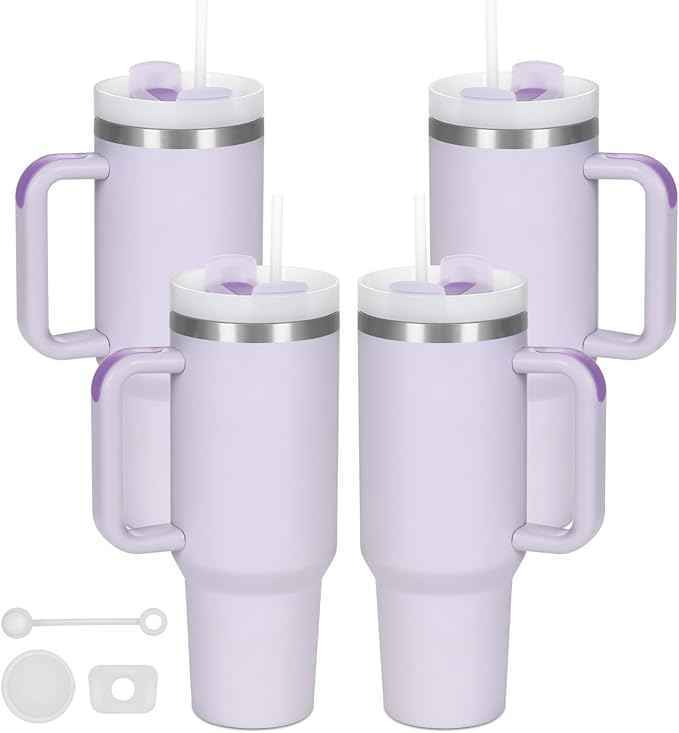 4 Pack 40 Oz Tumbler with Handle Bulk, Double Wall Vacuum Insulated Stainless Steel Tumbler with Lid and Straw, 40 oz cup with Silicone Spill Proof Stopper Set (Purple)
