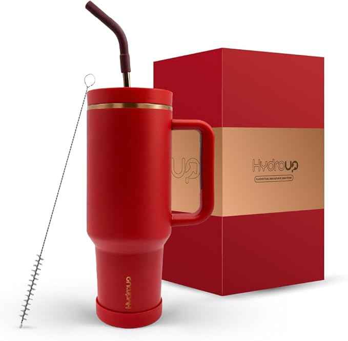 40oz Travel Tumbler Cup with Handle, Two-Way Slider Lid, Stainless Steel Straw with Silicone Tip, Vacuum Insulated Water Bottle for Hot & Cold Drinks, Great Gifts for Mom (Red Gold)