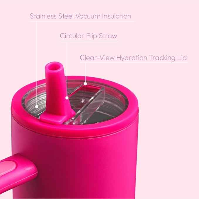 30oz Tumbler With Handle & Built-In Flip Straw, Double Insulated Stainless Steel Water Bottle With Leakproof Clear Lid, Scratch Resistant, Reusable, Cup Holder Friendly Travel Coffee Mug (Pink)