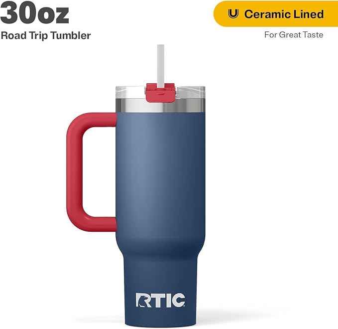 RTIC 30 oz Road Trip Tumbler Double-Walled Ceramic Lined InsulatedStainless Steel Portable Travel Coffee Mug Cup with Lid, Handle and Straw, Patriot