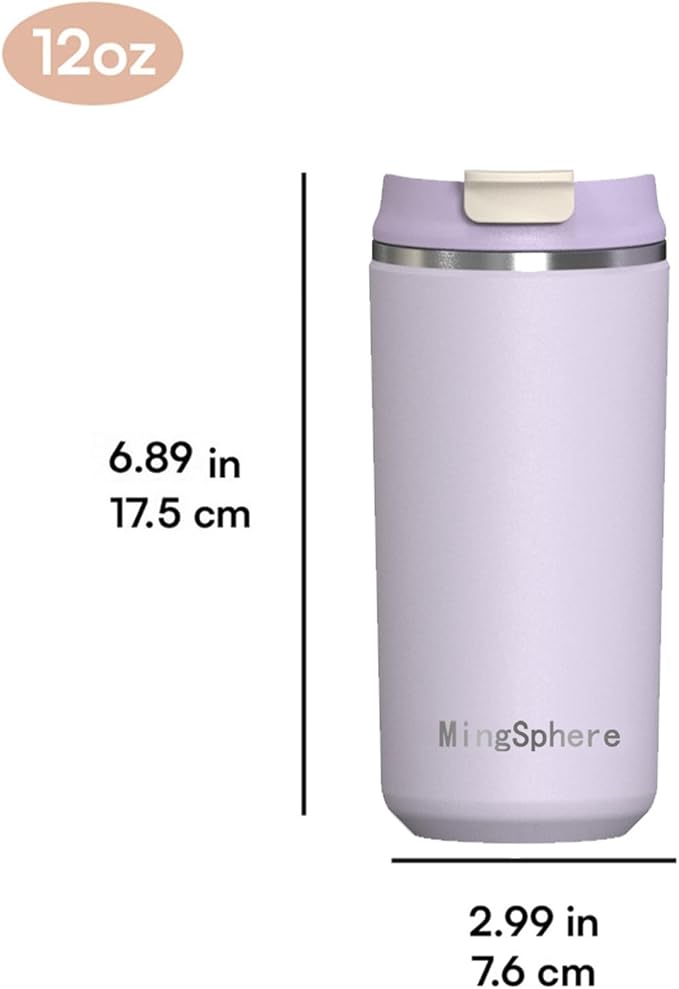 Travel Coffee Mug with Lid, 12 oz Insulated Tumbler, Leak Proof Stainless Steel Cup, for Hot Coffee, Iced Tea & Water, BPA Free, Car Cups Holder Friendly, Lavender Purple
