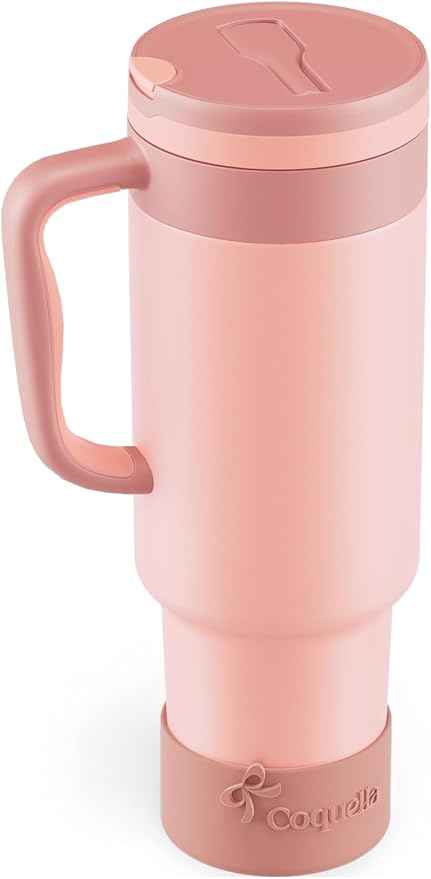 40 oz Insulated Tumbler with Handle and Push-Button Straw Lid, Stainless Steel Travel Cup for Gym Office, Leakproof, BPA-Free, Cup Holder Friendly, Bow Silicone Boot, (Peach Roasted)