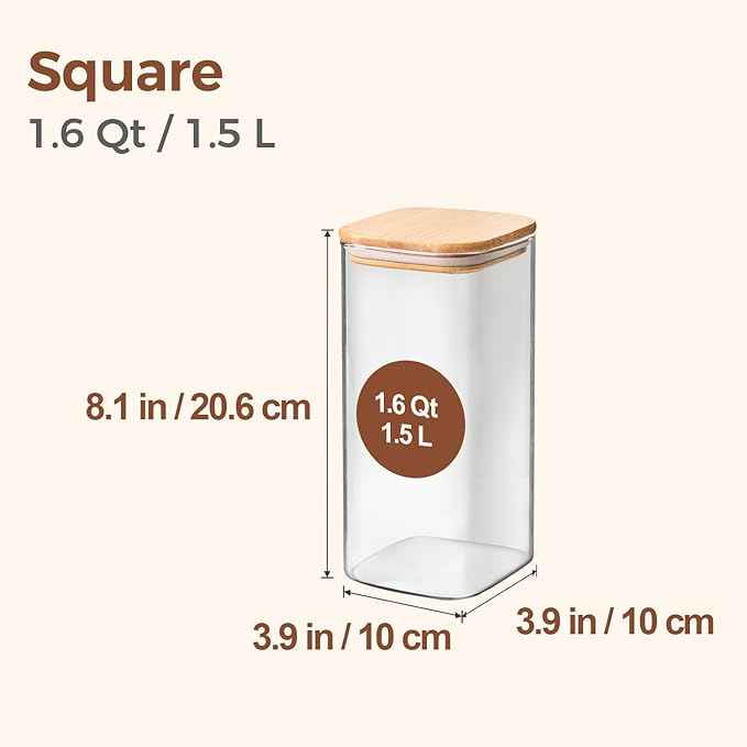 ComSaf Airtight Glass Storage Canister with Wood Lid (1.6 Qt), Clear Food Storage Container Jar with Sealing Lids for Oat Pasta Flour Cereal Rice Sugar Tea Coffee Beans, Set of 3 Square Cookie Jar