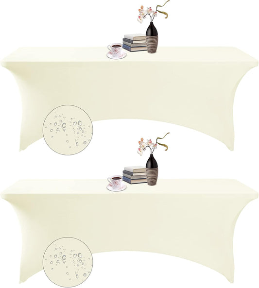2Pack Spandex Waterproof Table Covers 8ft，Spandex 8ft Waterproof Table Cover for Party,Wedding, Banquet, and Events(Ivory)