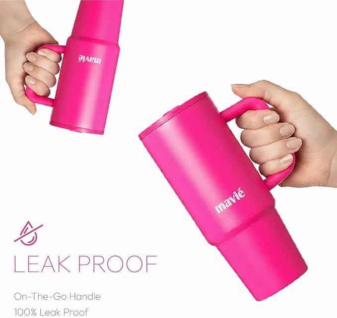 40oz Tumbler With Handle & Built-In Flip Straw, Double Insulated Stainless Steel Water Bottle With Leakproof Clear Lid, Scratch Resistant, Reusable Cup Holder Friendly Travel Coffee Mug (Pink)