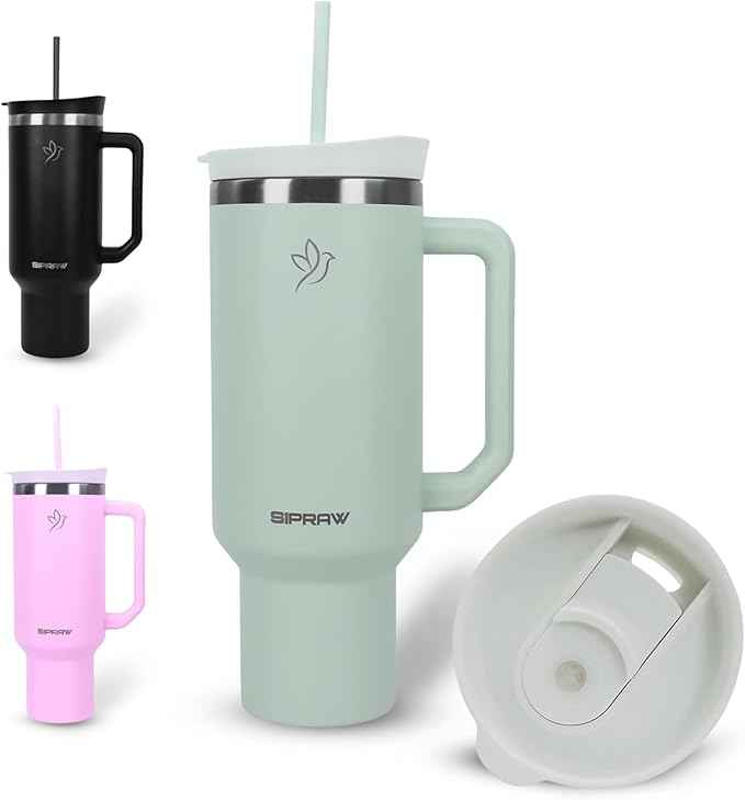 40oz Tumbler with Handle and Straw Insulated Stainless Steel Travel Mug Vacuum Double Wall Coffee Cup Leak Resistant Lid BPA-Free Cup Holder Friendly for Hot & Cold Drinks, Pastel Green
