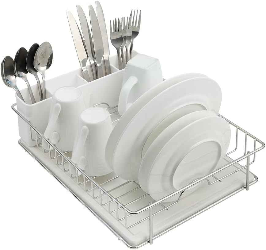 SunnyPoint 304 Stainless Steel Dish Drying Rack with Diatomaceous Earth Drainboard & Removable Utensil Caddy – Rust Resistant Countertop Dish Rack for Kitchen (Silvery-Grey)