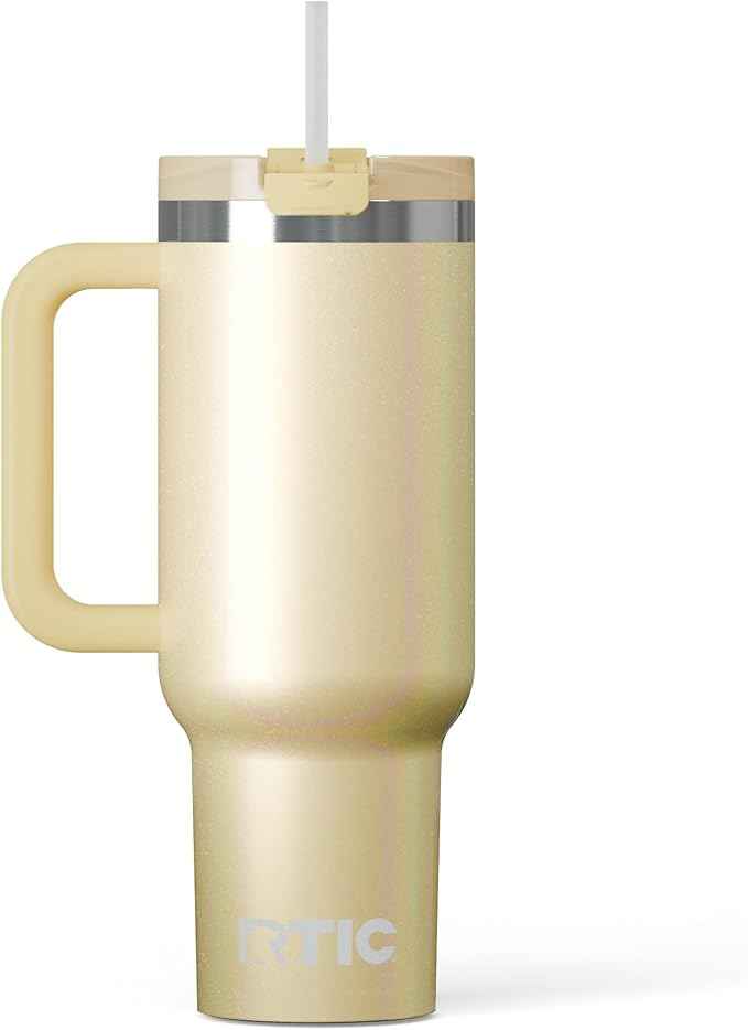 RTIC 40 oz Road Trip Tumbler Double-Walled Cermaic Lined Insulated Stainless Steel Portable Travel Coffee Mug Cup with Lid, Handle and Straw, Sunlight Glitter