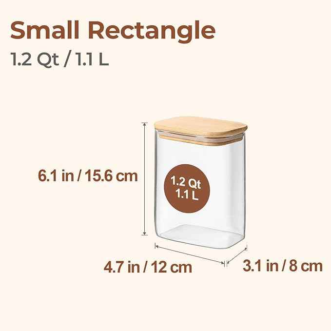 ComSaf 1.2 Qt Rectangle Glass Storage Containers with Lids, Glass Jars with Bamboo Lids, Clear Food Storage Jar, Sugar Coffee Containers, Pantry Container for Pasta Tea Candy Nut