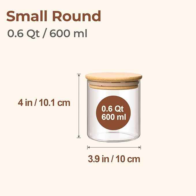 ComSaf Airtight Glass Food Storage Jars Set of 6, 0.6 Qt Clear Glass Food Storage Container with Sealing Wooden Lid, Stackable Spice Jar, Round Kitchen Canister for Sugar, Tea, Coffee bean, Pasta, Oat