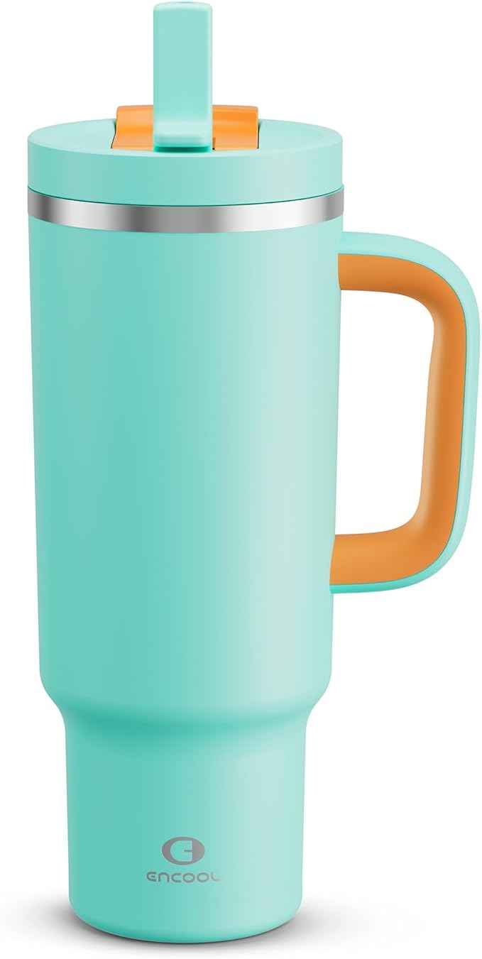 ENCOOL 40 oz Tumbler with Handle and Straw: Stainless Steel Insulated Tumbler Keeps Cold for 24 Hours, Leakproof Travel Cup Fits in Cup Holder and BPA-Free,Soft Cyan