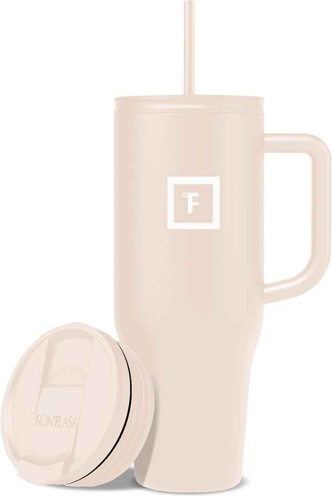 IRON °FLASK Co-Pilot Insulated Mug w/Straw & Flip Cap Lids - Cup Holder Bottle for Hot, Cold Drink - Leak-Proof - Water, Coffee Portable Travel Mug - Sand, 40 Oz
