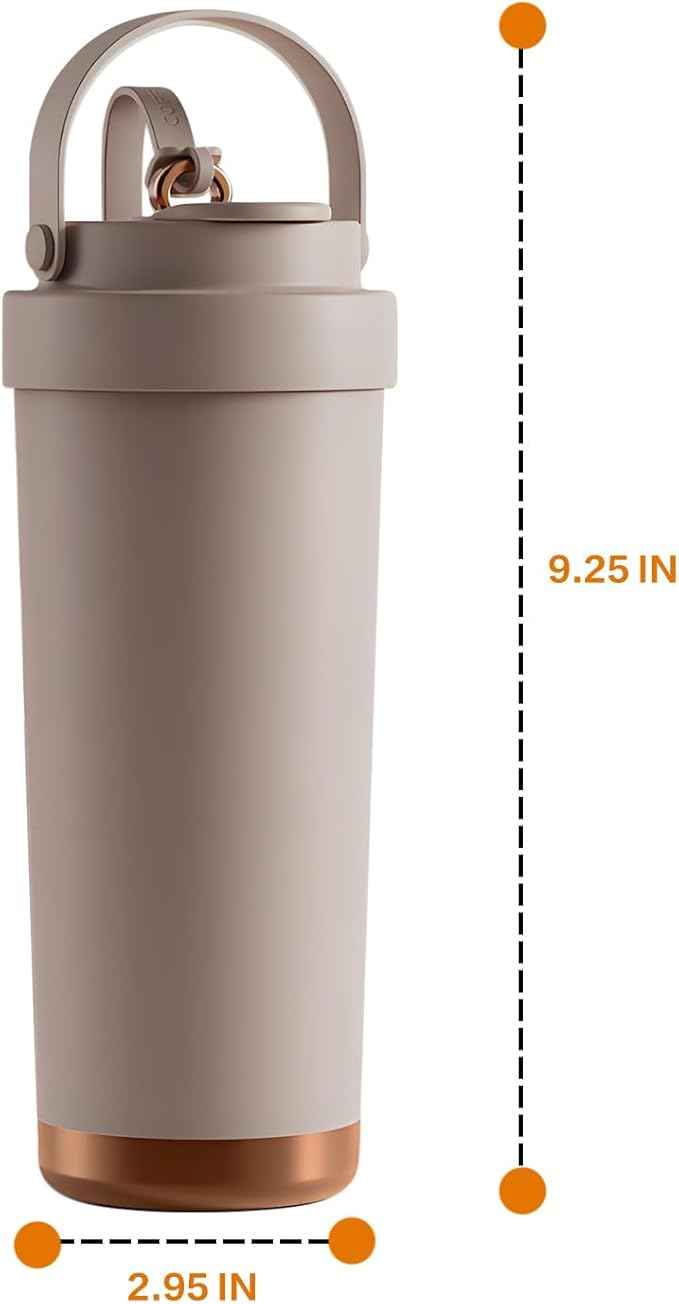 26oz Ceramic Coated Water Bottle, 3-Way Drinking (Straw/Sip/Wide Mouth), 6H Hot & Cold Insulated Water Bottle Leakproof Travel Cup with Handle - Cofffee Brown