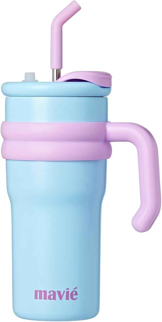 24oz Tumbler With Handle & Metal Straw + Silicone Cover & Sip Spout, Double Insulated Stainless Steel Water Bottle With Rubber Base, Leakproof, Cup Holder Friendly Travel Coffee Mug (Blue)