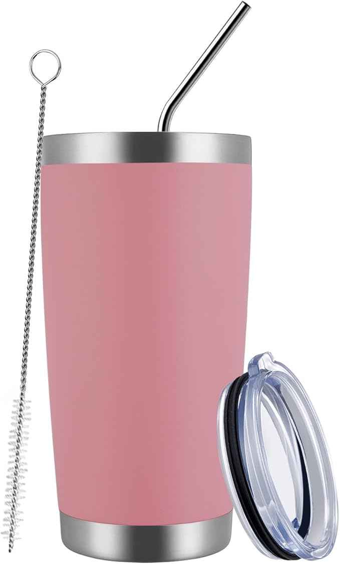 MEWAY 20oz Tumbler Cup Double Wall Vacuum Insulated Travel Mug Bulk, Stainless Steel Tumblers with Lid and Straw, Durable Powder Coated Coffee Cups for Cold & Hot Drinks (Pink, 1)