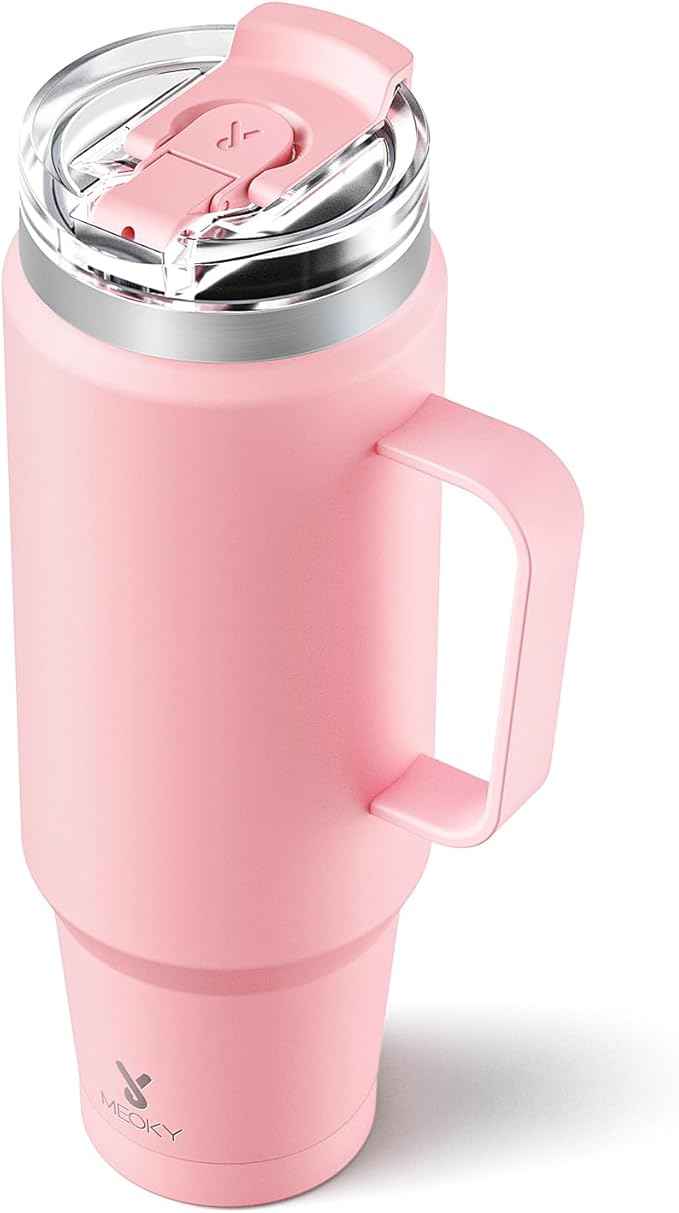 Meoky 40oz Tumbler with Handle, Stainless Steel Travel Mug with 2-in-1 Straw and Sip Lid, Vacuum Insulated Coffee Mug, 100% Leak Proof, Keeps Cold for 34 Hours or Hot for 10 Hours (Blush)
