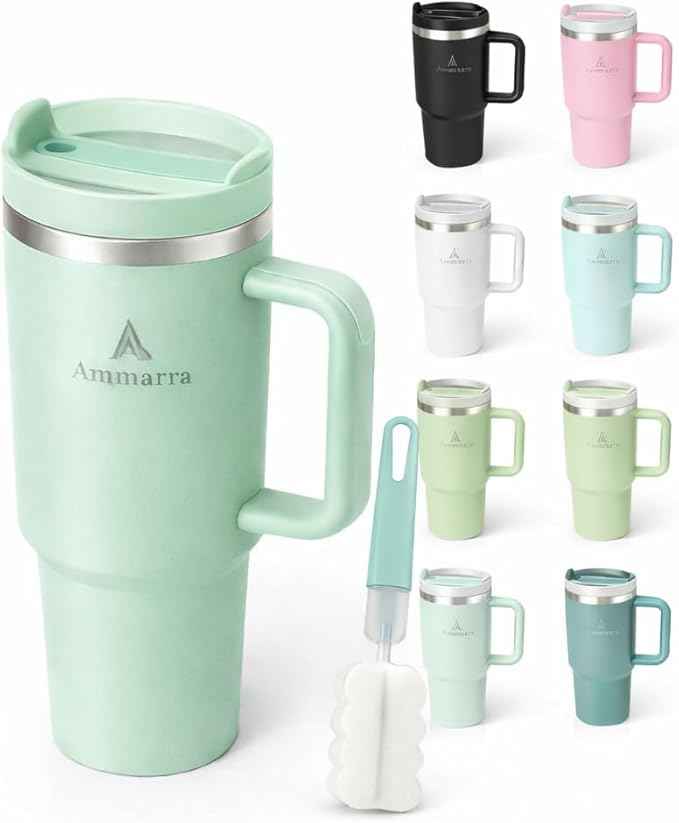 40oz Stainless Steel Vacuum Insulated Tumbler with Handle and Straw, Large Capacity Insulated Cup (Lime Green)