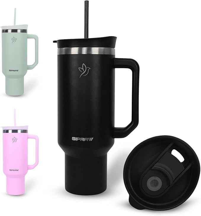 40oz Tumbler with Handle and Straw Insulated Stainless Steel Travel Mug Vacuum Double Wall Coffee Cup Leak Resistant Lid BPA-Free Cup Holder Friendly for Hot & Cold Drinks, Black