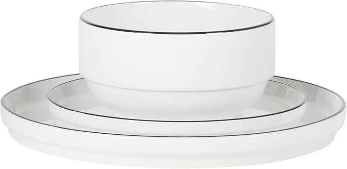 Gibson Home Rothernberg Plates and Bowls 18 Piece Porcelain White Dinnerware Set W/Black Rim | Stackable Dishes | Microwave & Dishwasher Safe