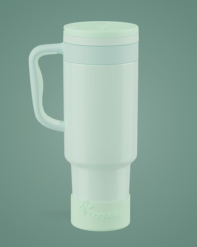 40 oz Insulated Tumbler with Handle and Push-Button Straw Lid, Stainless Steel Travel Cup for Gym Office, Leakproof, BPA-Free, Cup Holder Friendly, Bow Silicone Boot, Green (Morning Mist)