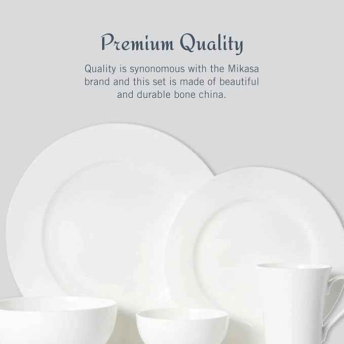 Mikasa Delray 40-Piece Bone China Dinnerware Set, White Round Dishes for 8 - Dinner Plates, Salad Plates, Cereal Bowls, Fruit Bowls and Mugs