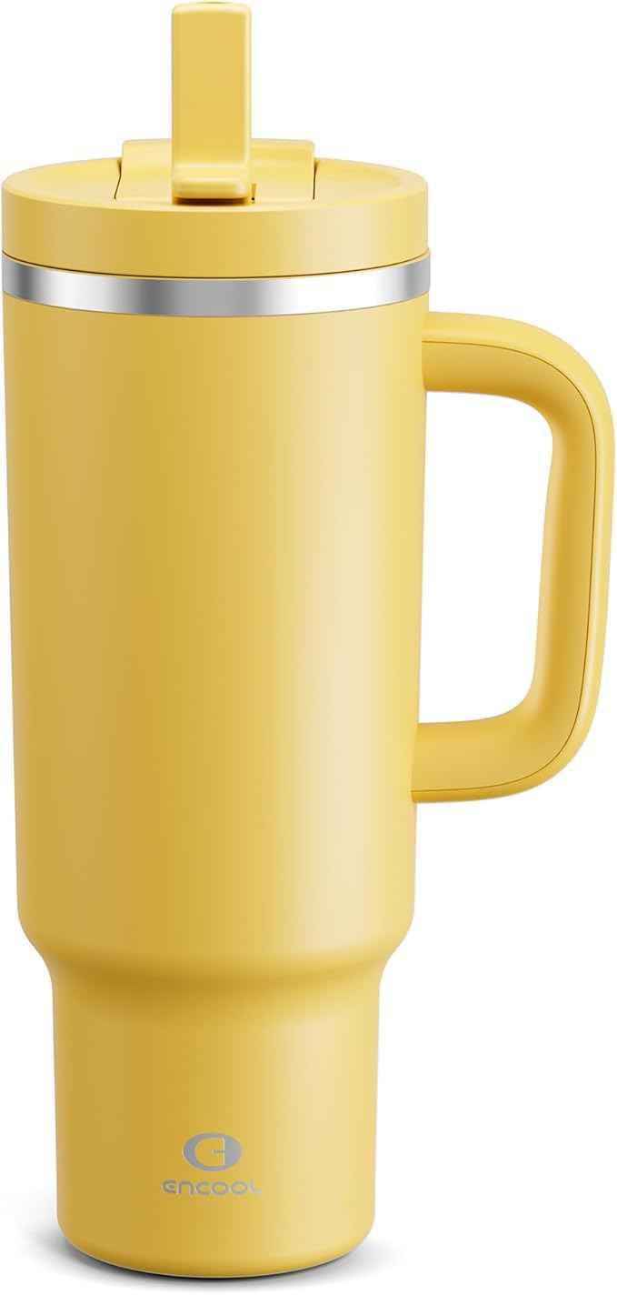 ENCOOL 40 oz Tumbler with Handle and Straw: Stainless Steel Insulated Tumbler Keeps Cold for 24 Hours, Leakproof Travel Cup Fits in Cup Holder and BPA-Free,Elfin Yellow