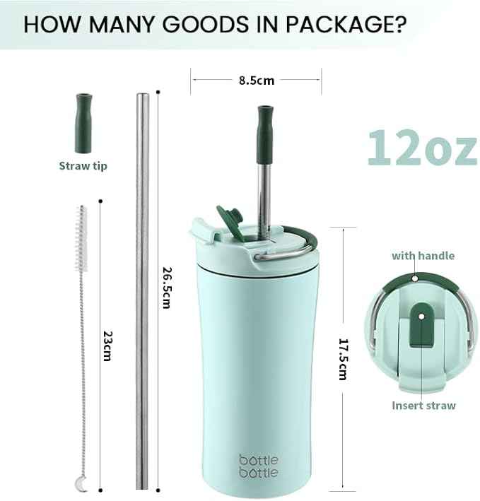 BOTTLE BOTTLE Coffee Tumbler with Dual-use Lid and Straw Double Walled Iced Travel Coffee Mug for Woman and Man 12 oz Stainless Steel Insulated Tumbler with Handle (green)