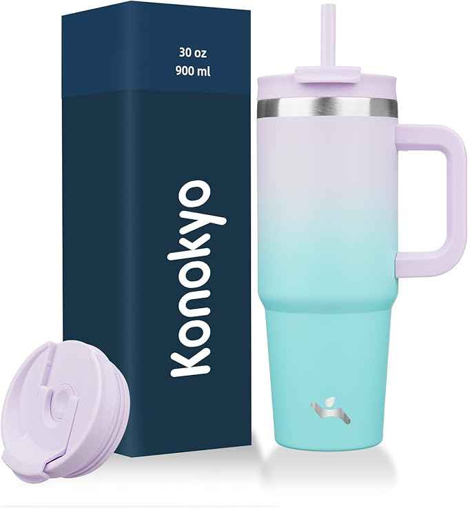 Konokyo 30 oz Tumbler with Handle and 2 Straws,2 in 1 Lid Insulated Water Bottle Stainless Steel Travel Coffee Mug,Lavender Green
