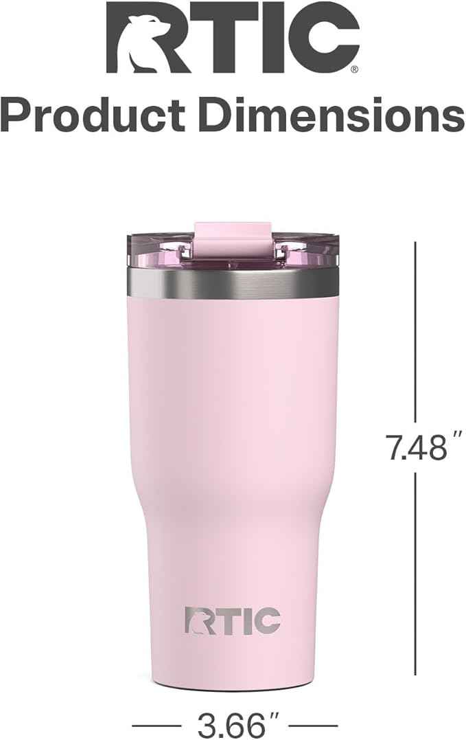 RTIC 20oz Essential Tumbler with Lid, Ceramic Lined, Insulated, Stainless Steel, Metal, Double Wall Vacuum-Insulation, Travel Cup for Iced Coffee, Tea, Hot and Cold Drink, Pale Pink