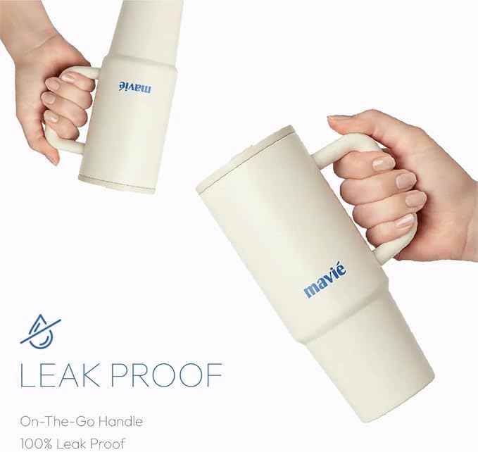 40oz Tumbler With Handle & Built-In Flip Straw, Double Insulated Stainless Steel Water Bottle With Leakproof Clear Lid, Scratch Resistant, Reusable Cup Holder Friendly Travel Coffee Mug (Cream)