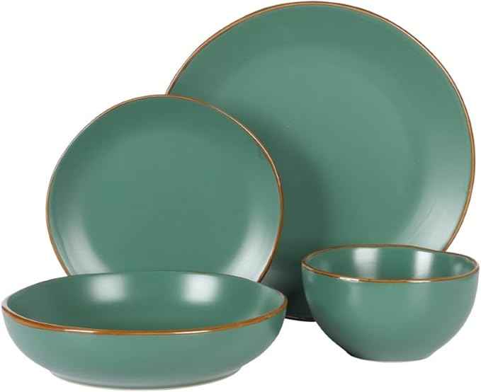 Gibson Home Hazeltine 16-Piece Green Stoneware Dinnerware Set – Plates and Bowls, Durable Ceramic Kitchen Dinner Set