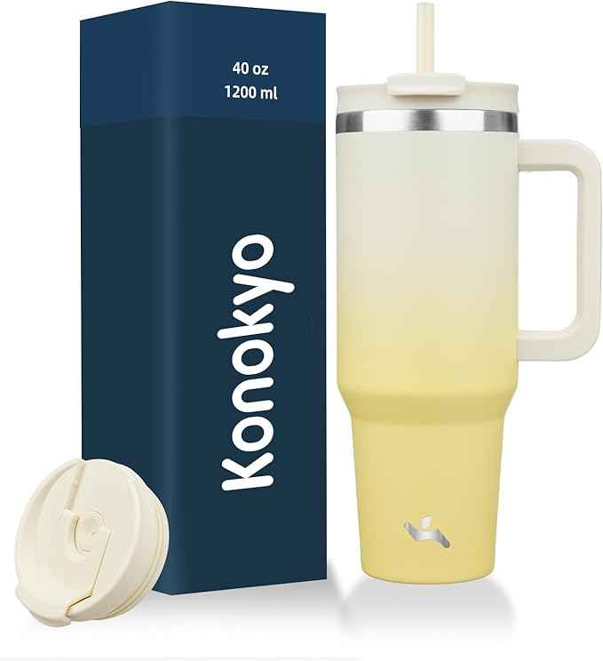 Konokyo 40 oz Tumbler with Handle and 2 Straws,2 in 1 Lid Insulated Water Bottle Stainless Steel Travel Coffee Mug,Lemon