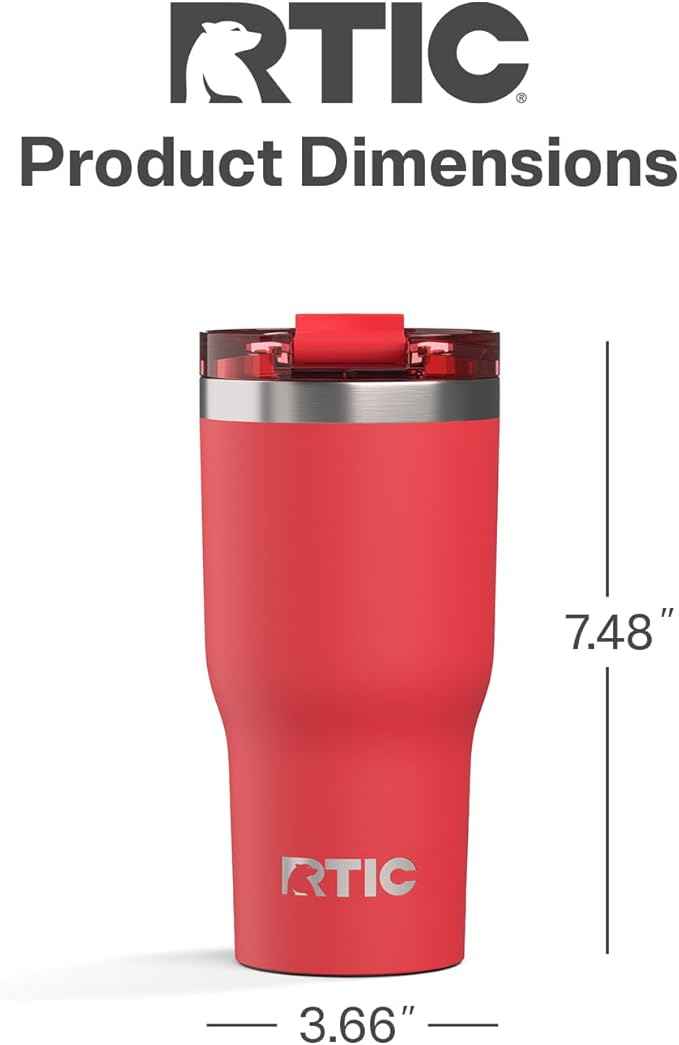 RTIC 20oz Essential Tumbler with Lid, Ceramic Lined, Insulated, Stainless Steel, Metal, Double Wall Vacuum-Insulation, Travel Cup for Iced Coffee, Tea, Hot and Cold Drink, Flag Red